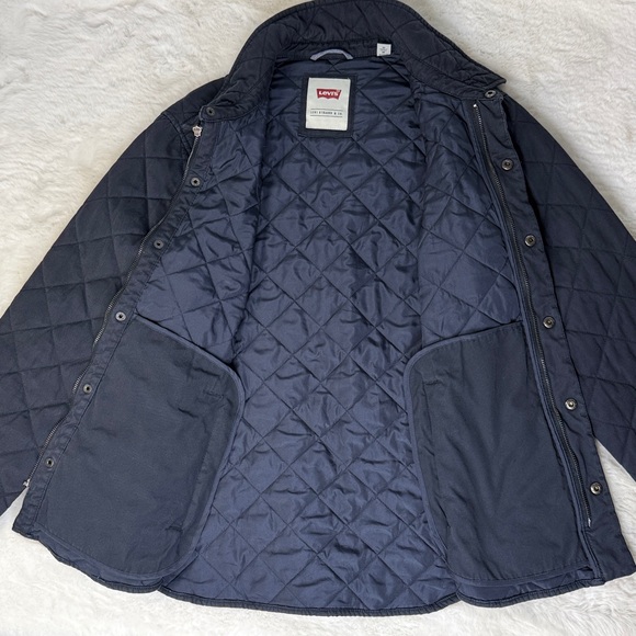 Levis Quilted Shirt Jacket Men Medium Navy Zip Snap Barn Coat Shacket Cotton - Picture 7 of 17
